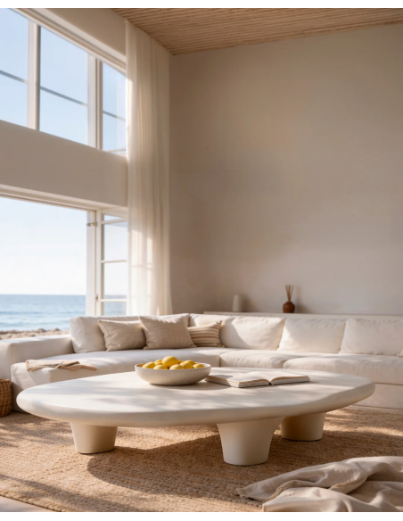 Mesa centro escultórica INARO 150 x 34, diseño orgánico en resina blanca