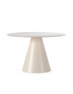 Mesa de cristal redonda 120 VIDA, base metal crema