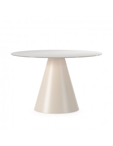 Mesa de cristal redonda 120 VIDA, base metal crema