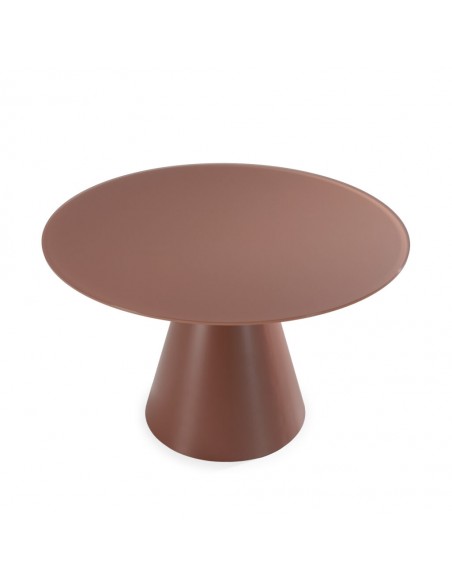 Mesa redonda em vidro VIDA 120 com base em metal em terracota.