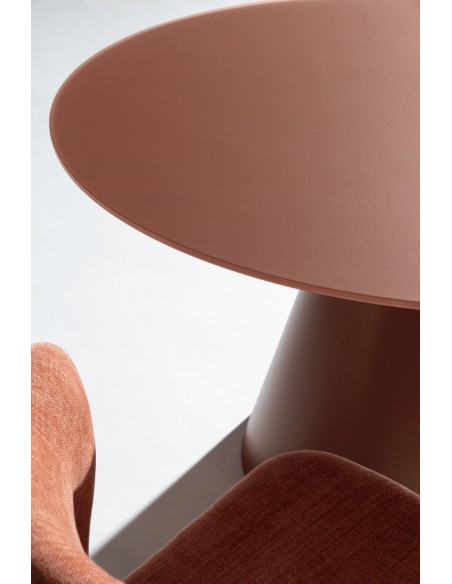 Mesa de cristal redonda 120 VIDA, base metal terracota