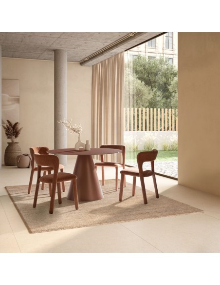 Mesa de cristal redonda 120 VIDA, base metal terracota