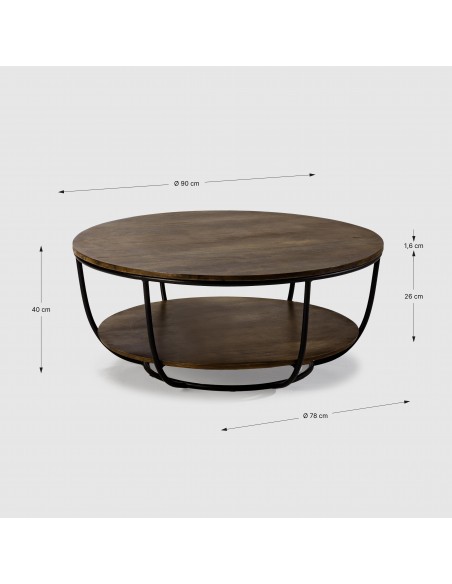 MESA CENTRO REDONDA DELHI 90. MADERA de MANGO y metal