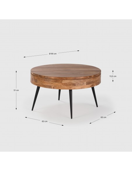 MESA CENTRO REDONDA KALI 90. Madera Acacia y METAL.