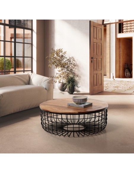 MESA DE CENTRO REDONDA SUVAN 102 cm. Madeira e base em METAL.