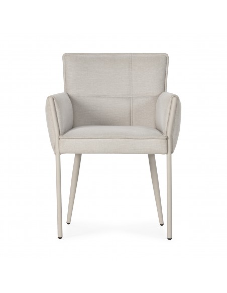 Cadeira VESTA com braços, forrada a tecido e com pés em metal.