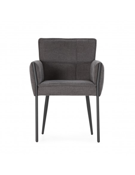 Cadeira VESTA com braços, forrada a tecido e com pés em metal.