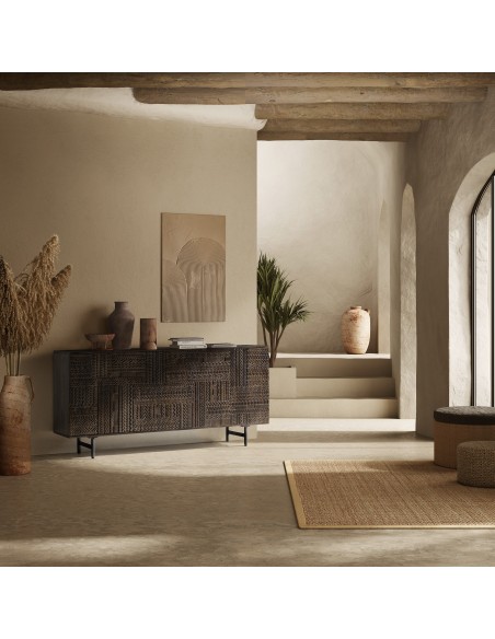 Aparador KALAI com design étnico, 160 cm, madeira de mangueira verde-oliva.