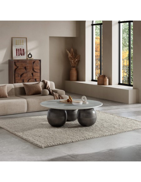 Mesa Centro Redonda de diseño TANYA 120 Mármol Blanco y Madera de Mango