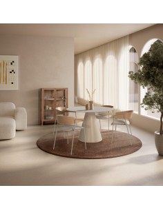 Silla de diseño CORA tela Beige con Respaldo madera roble 2
