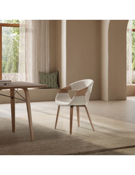 Silla de diseño nórdico ELIF en tela Beige y Roble lavado curvado