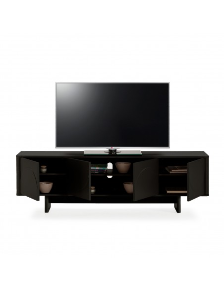 Móvel TV minimalista SOLEI 180 x 55 em MDF lacado preto com 4 portas
