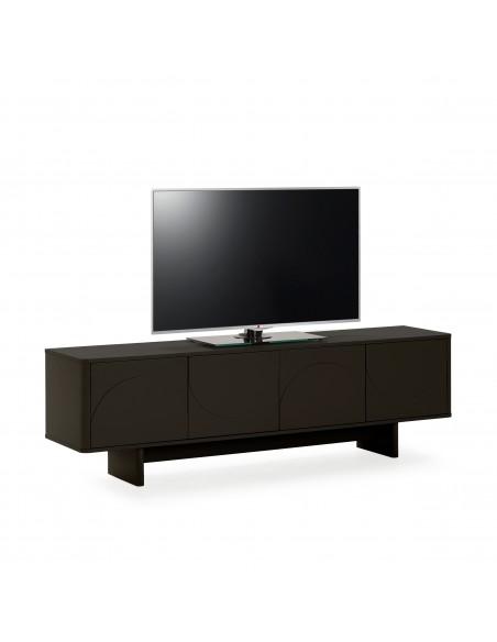 Móvel TV minimalista SOLEI 180 x 55 em MDF lacado preto com 4 portas