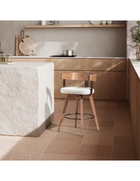 Taburete nórdico giratorio ILIA roble lavado, asiento tapizado beige