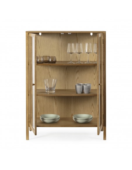 Vitrine CECI 90 design mediterrânico, em carvalho com portas em vidro.