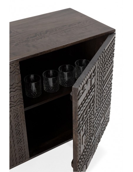 Aparador KALAI com design étnico, 160 cm, madeira de mangueira verde-oliva.