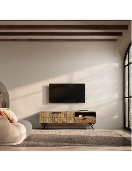 Móvel TV étnico PRIYA 175 madeira de manga com pés de metal