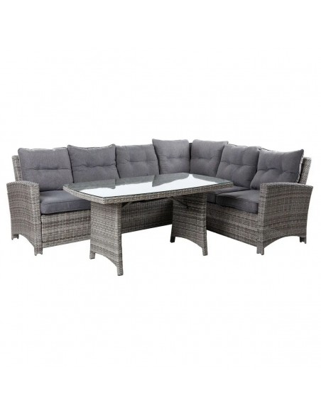 Conjunto de jardim DALILA rinconeira em rattan cinza com mesa e vidro temperado