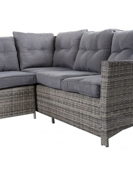 Conjunto de jardim DALILA rinconeira em rattan cinza com mesa e vidro temperado