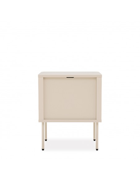 Mesa de cabeceira minimalista BERGEN com gaveta e prateleira aberta, lacada a bege.