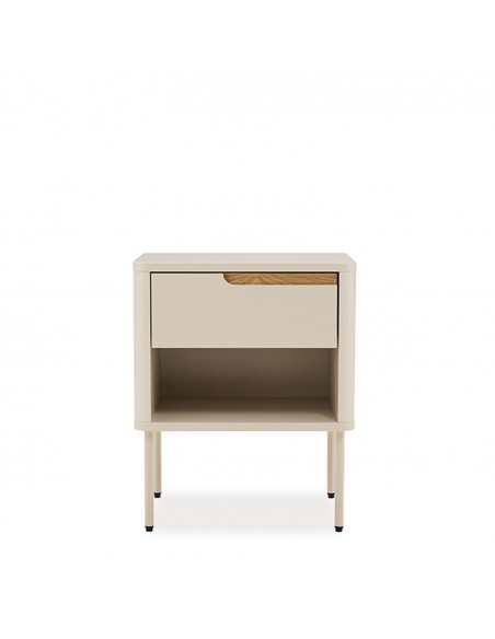 Mesita de noche minimalista BERGEN cajon y hueco, lacado en beige