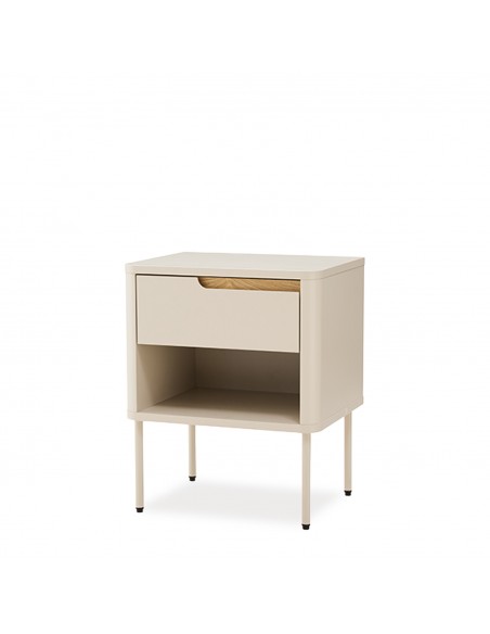 Mesita de noche minimalista BERGEN cajon y hueco, lacado en beige