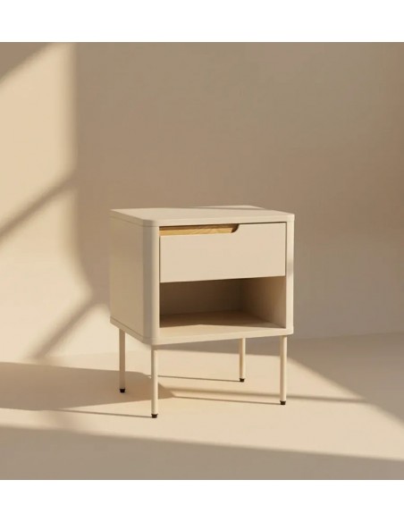 Mesita de noche minimalista BERGEN cajon y hueco, lacado en beige