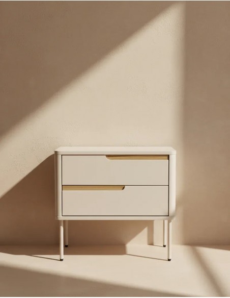 Mesa de cabeceira minimalista BERGEN 60, com 2 gavetas, lacada a bege.