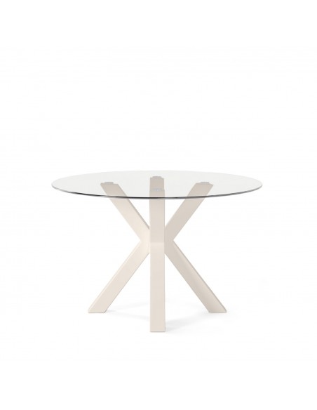 Mesa redonda de cristal Argo 100, base de acero en beige