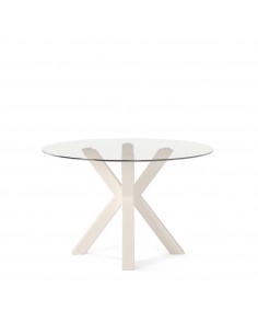 Mesa redonda de cristal Argo 120, base de acero en beige