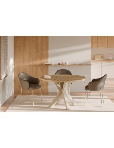 Mesa redonda de diseño ARGO 120 roble Amazonia y metal beige 2