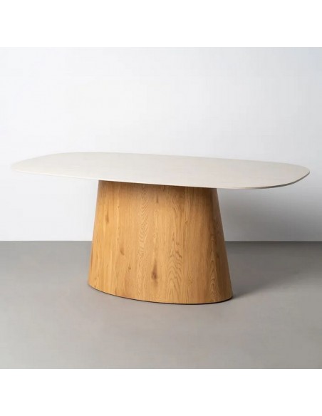 Mesa Comedor ALMIRA 180x90 porcelânico bege e Base madera Oval