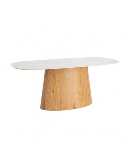Mesa Comedor ALMIRA 180x90 porcelanico beige y Base madera Oval