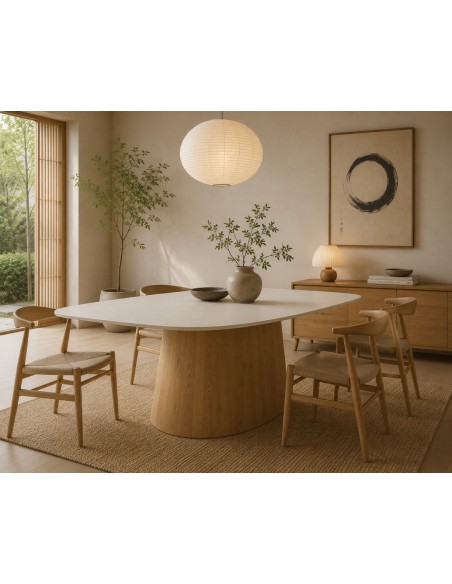 Mesa Comedor ALMIRA 180x90 porcelanico beige y Base madera Oval