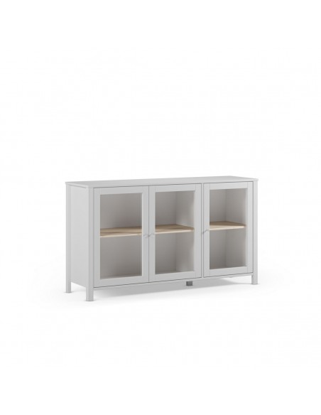 Aparador branco estilo mediterrânico, ALESSANDRA 140, com 3 portas de vidro.