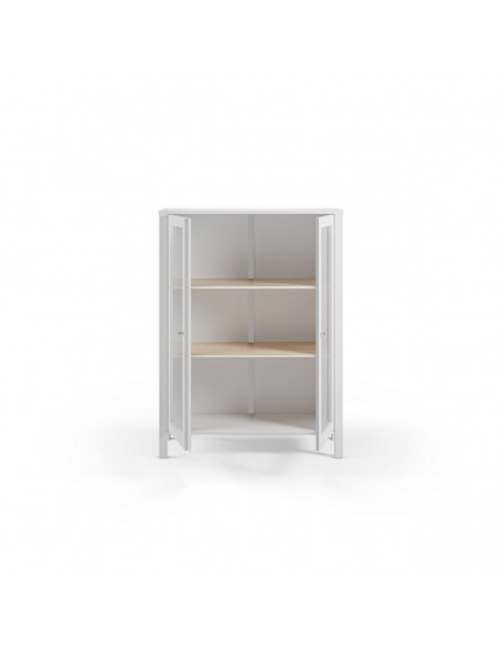 Aparador alto ALESSANDRA 90 branco estilo mediterrânico, com 2 portas em vidro.