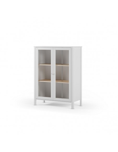 Aparador alto ALESSANDRA 90 branco estilo mediterrânico, com 2 portas em vidro.