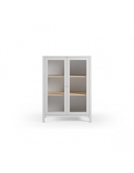 Aparador alto ALESSANDRA 90 branco estilo mediterrânico, com 2 portas em vidro.