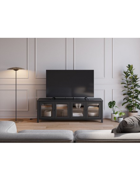 Móvel de TV colonial em preto ALESSANDRA 150, 4 portas com vidro.