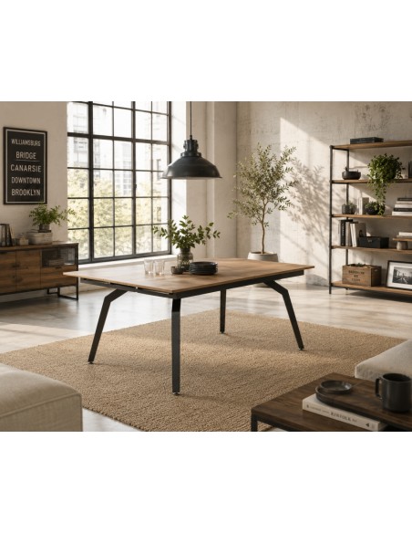 Mesa extensível, design industrial AMSTERDAM, 160-200 cm, cor carvalho e preto.