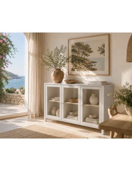 Aparador mediterráneo blanco ALESSANDRA 140, 3 Puertas con cristal