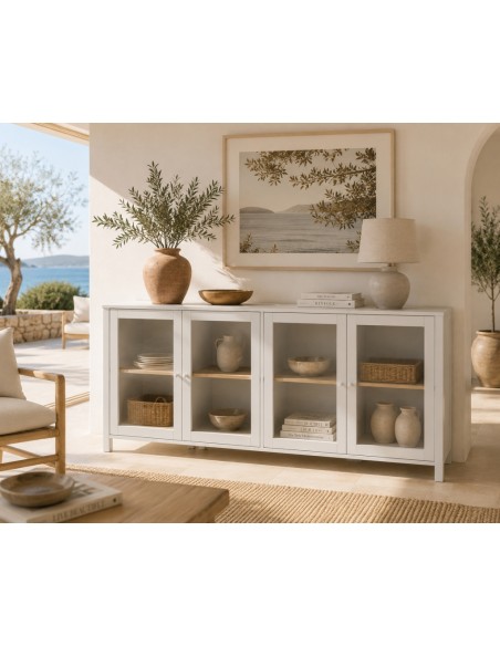 Aparador ALESSANDRA 186 estilo mediterrânico branco, 4 portas de vidro