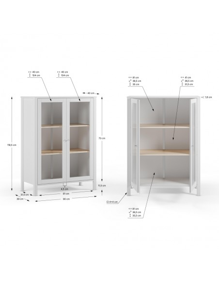 Aparador alto ALESSANDRA 90 branco estilo mediterrânico, com 2 portas em vidro.