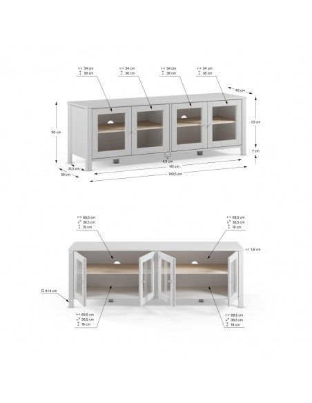 Mueble de TV mediterráneo blanco ALESSANDRA 150, 4 Puertas con cristal