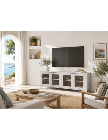 Móvel de TV branco mediterrânico ALESSANDRA 150 com 4 portas de vidro.