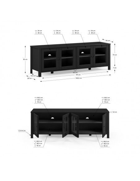 Móvel de TV colonial em preto ALESSANDRA 150, 4 portas com vidro.
