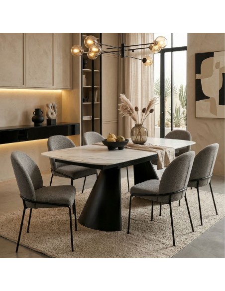 Mesa Extensible Porcelánico efecto mármol LANDA 160-240 con metal negro