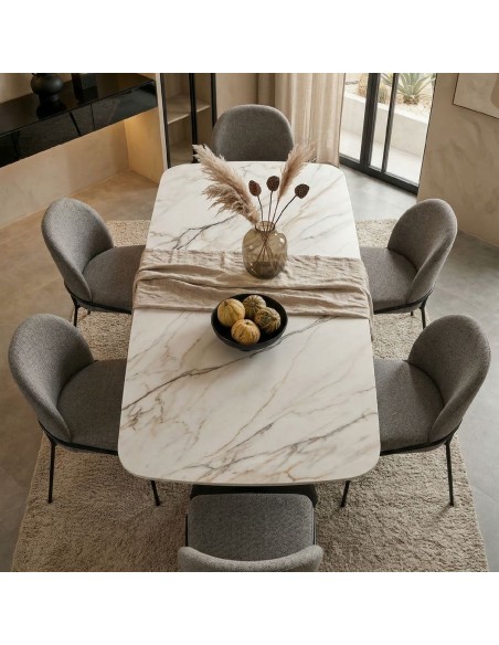 Mesa Extensible Porcelánico efecto mármol LANDA 160-240 con metal negro