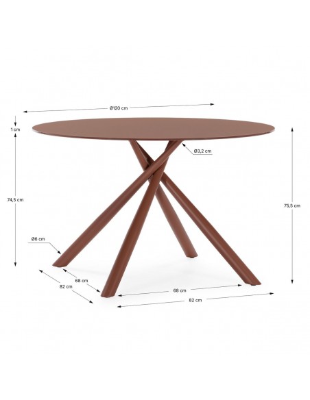 Mesa Redonda LEXA 120 cm de Cristal Templado y Patas Metálicas terracota
