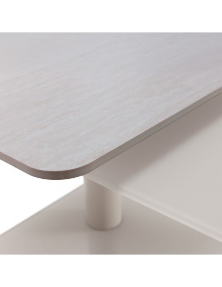 Mesa de Centro Giratoria ELVI de Piedra Sinterizada, Cristal y Metal Crema/travertine